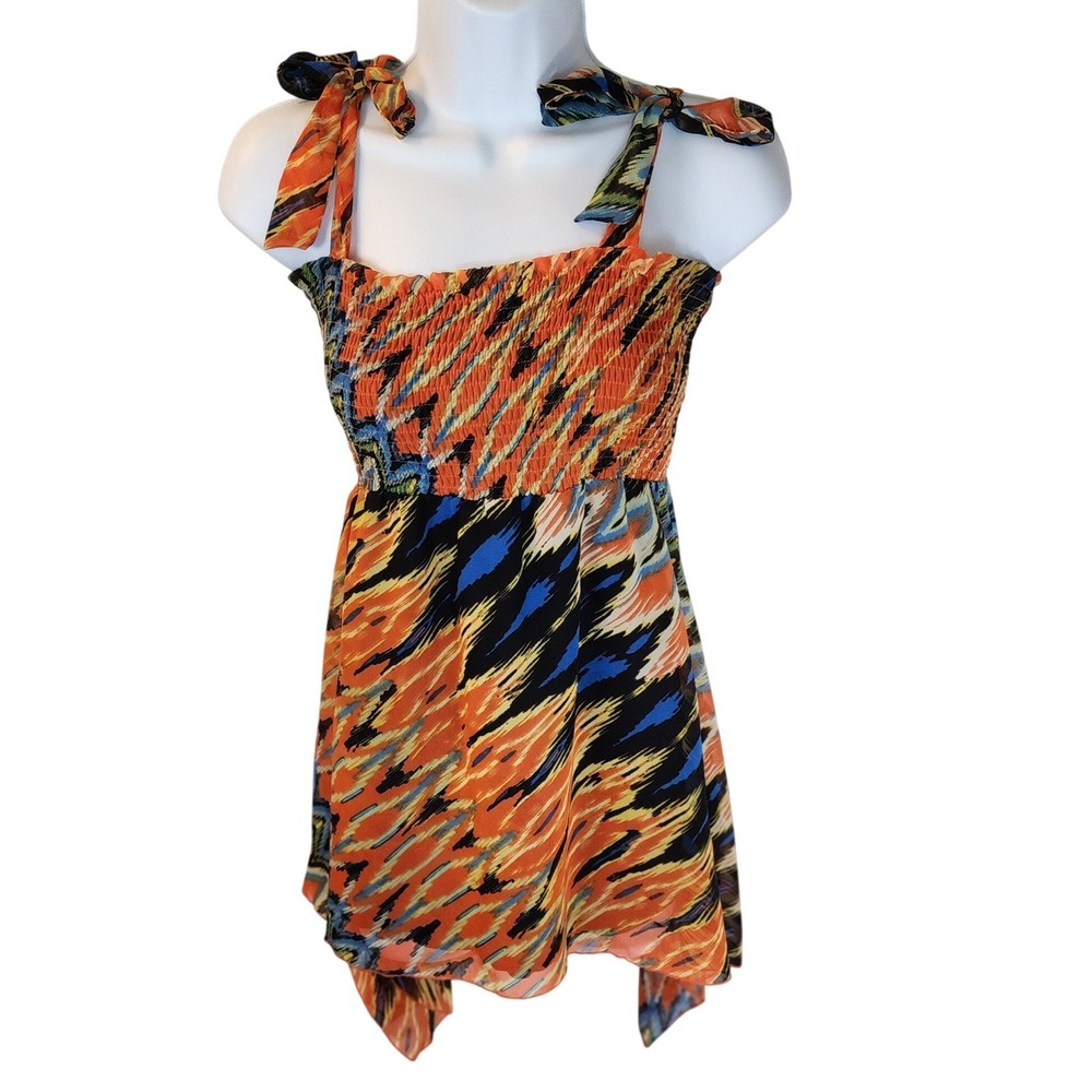 Allen B by Allen Schwartz Womens Medium Orange Blue Abstract Smocked Cami Top